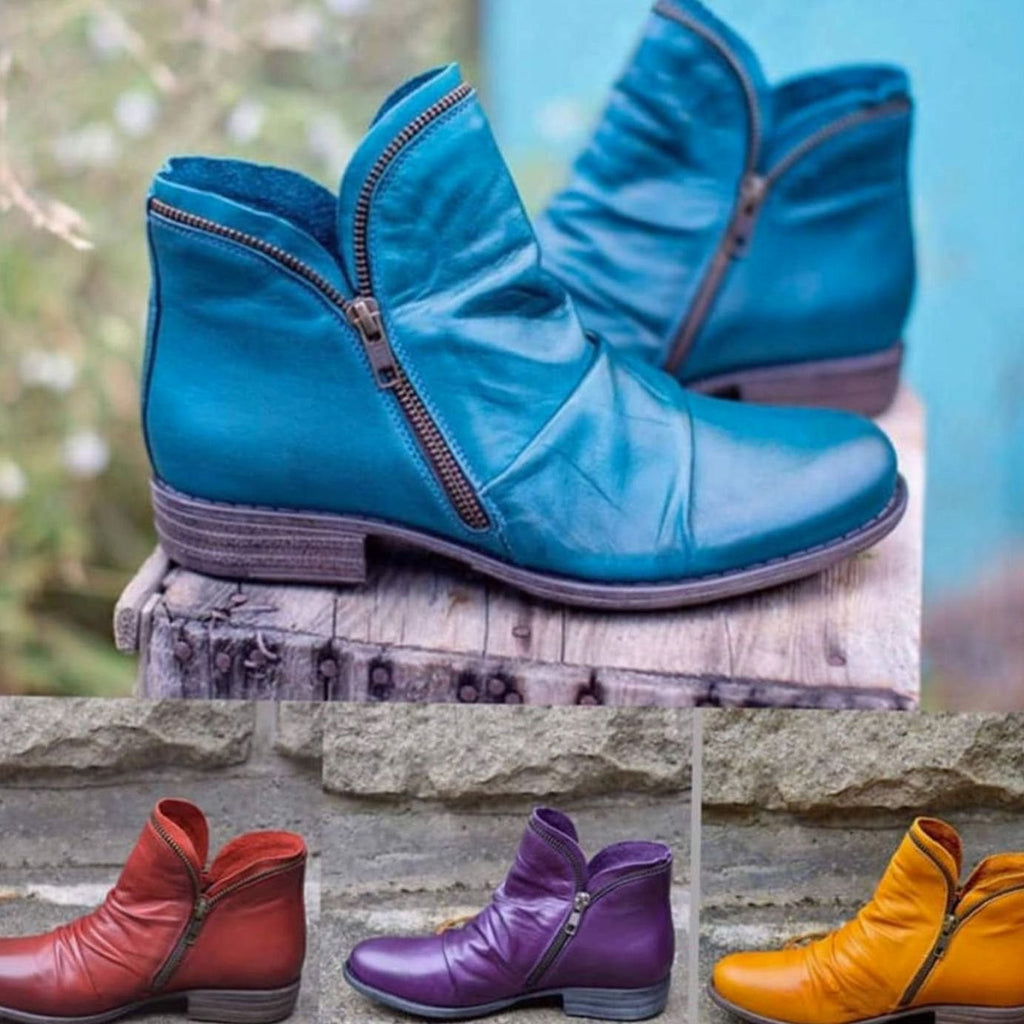 Women's ruched ankle boots with asymmetric side zippers and low stacked heels