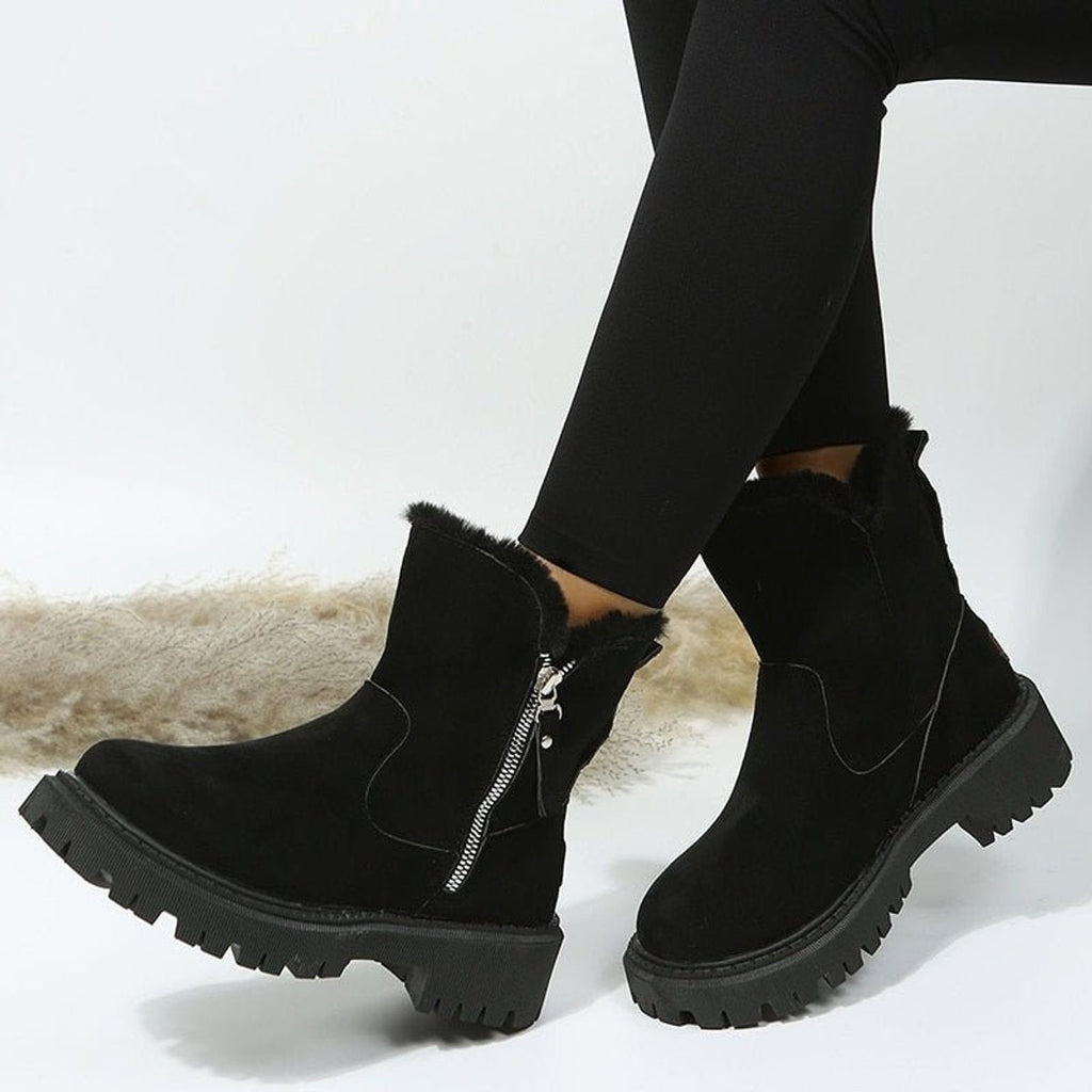 Women's platform lug sole ankle boots with faux fur trim and side zippers