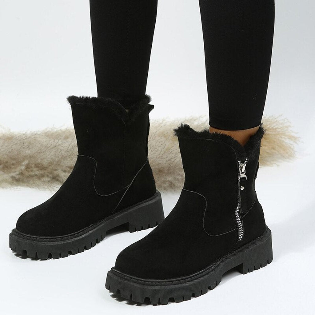 Women's platform lug sole ankle boots with faux fur trim and side zippers