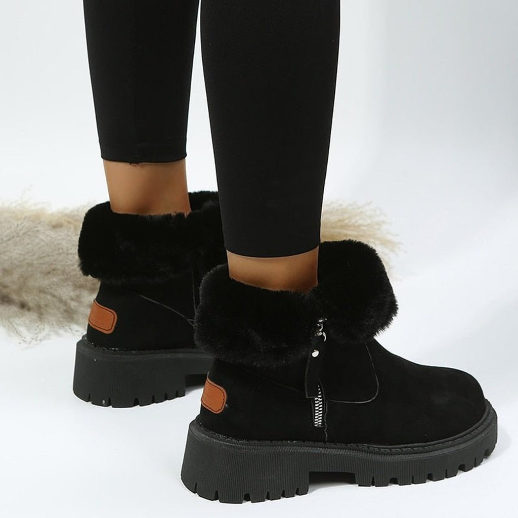 Women's platform lug sole ankle boots with faux fur trim and side zippers
