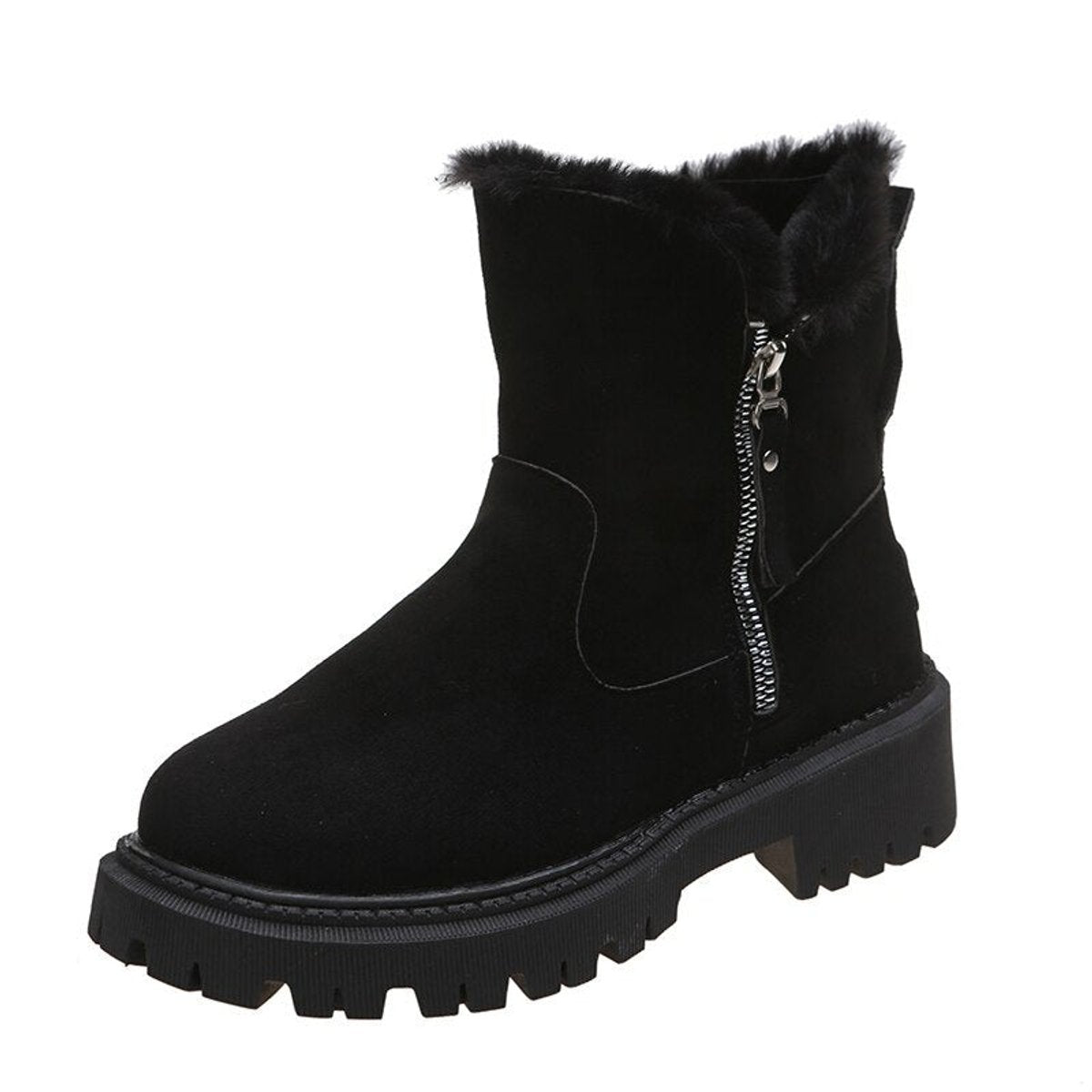Women's platform lug sole ankle boots with faux fur trim and side zippers