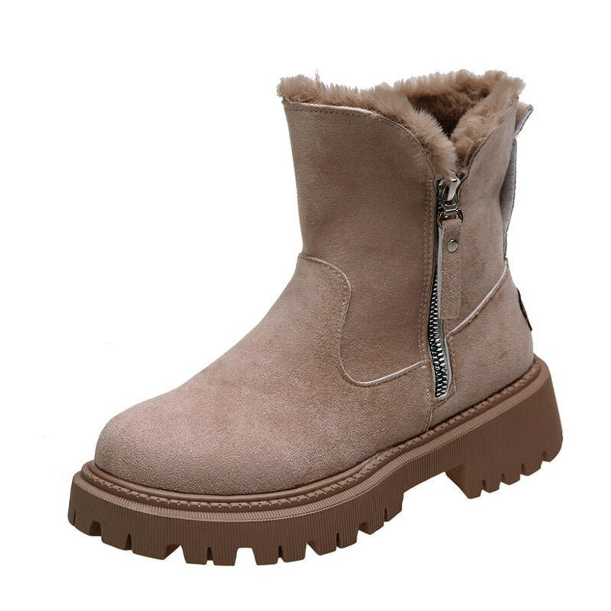 Women's platform lug sole ankle boots with faux fur trim and side zippers