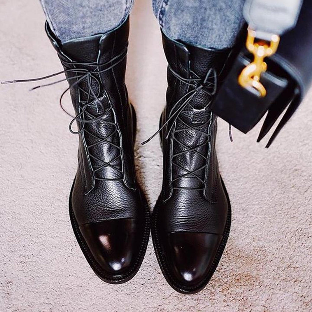 Women’s Two-Tone Cap Toe Lace-Up Flat Ankle Boots