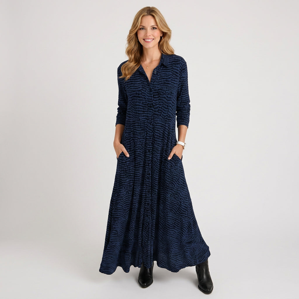 Women’s Printed Maxi Shirt Dress – Collared Button Front Pocket Style