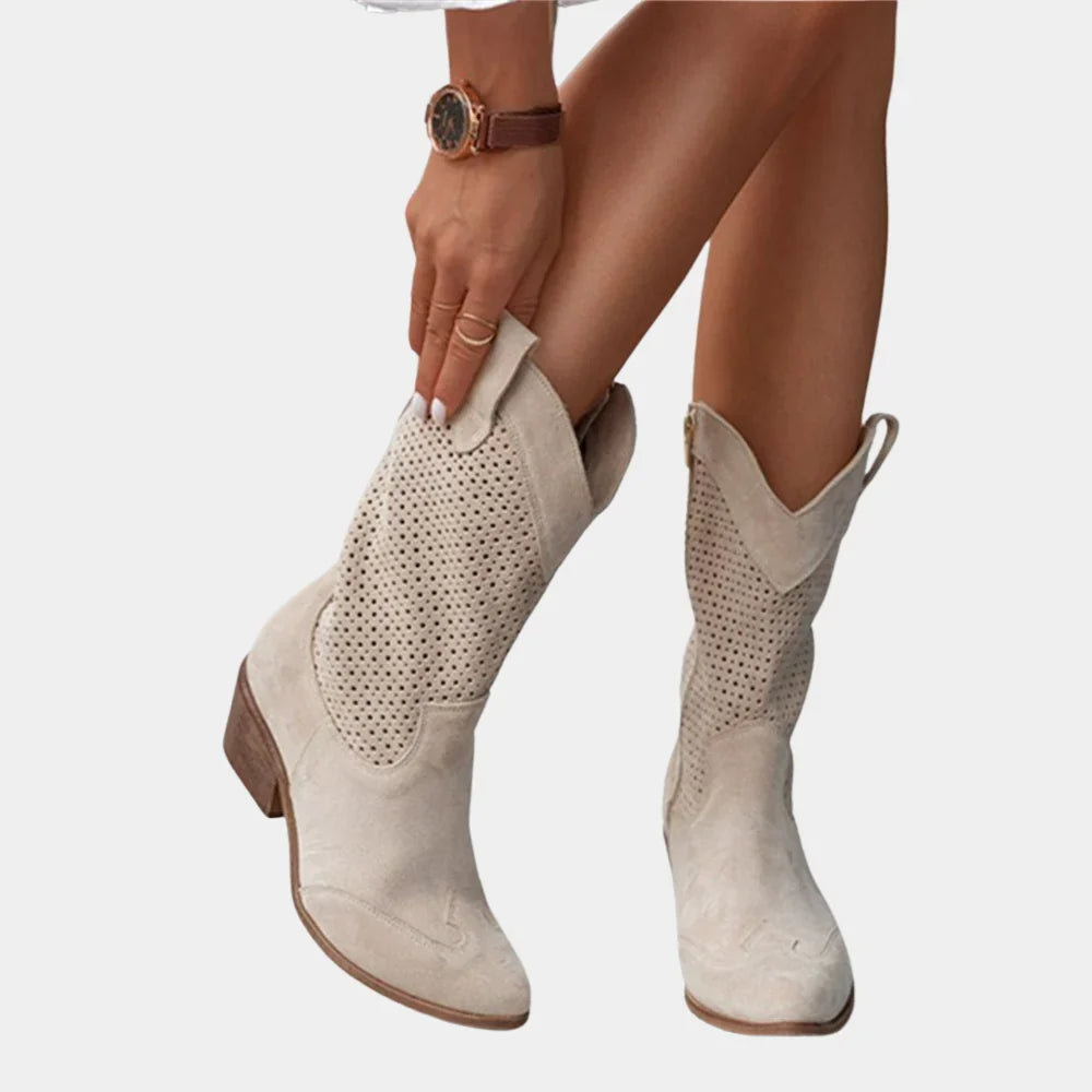 Bottes western perforées à talon bloc et tige mi-mollet