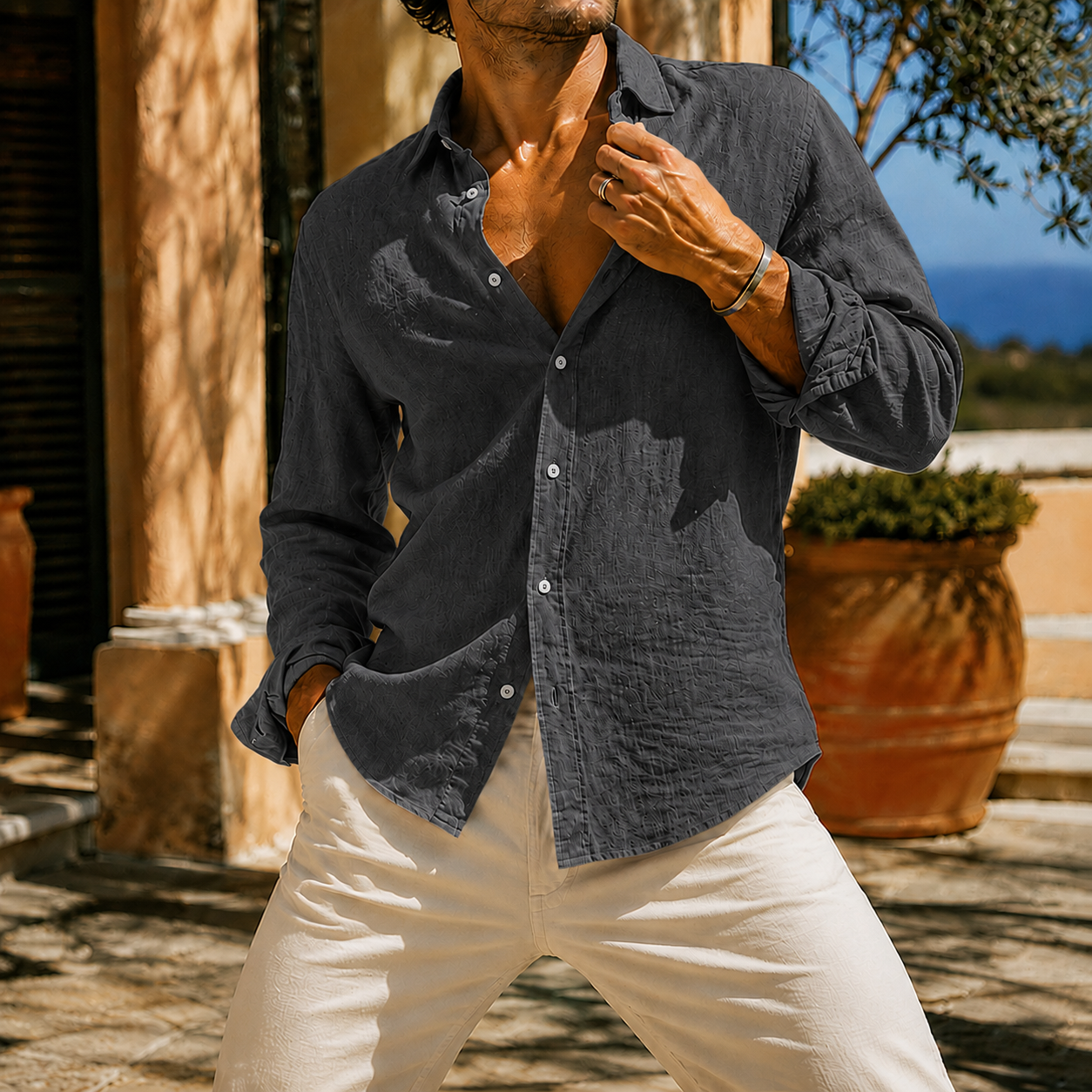 Textured Cotton Long Sleeve Shirt with Classic Collar