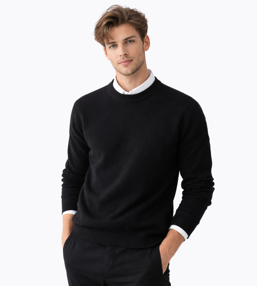 Men's textured knit crew neck sweater shown in light blue and black with long sleeves and ribbed edges