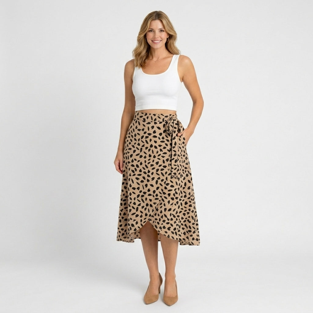 Women’s Wrap Midi Skirt Printed Waist Tie – Casual A Line Skirt