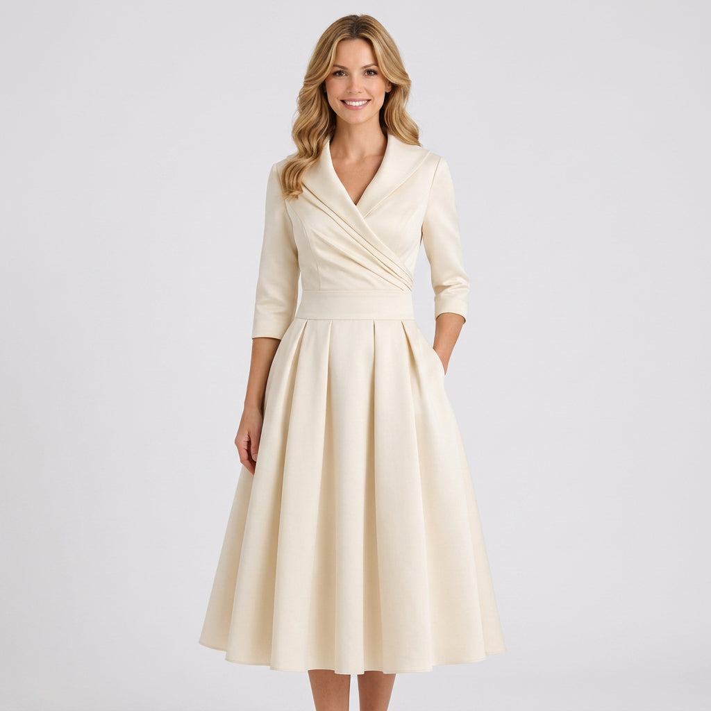 Wrap Bodice Midi Dress – Collared Full Skirt Occasion Style