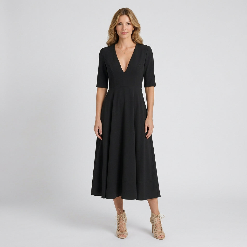Women’s Midi Dress V Neck Fit and Flare – Short Sleeve Occasion Dress