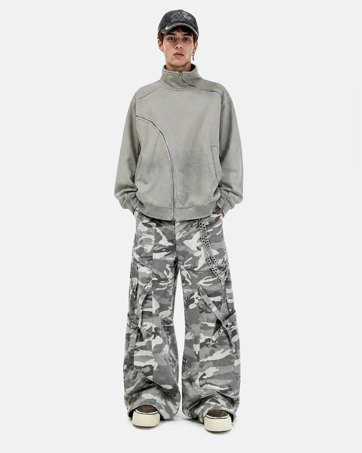 Unisex asymmetric zip sweatshirt with mock neck, long sleeves and front pockets