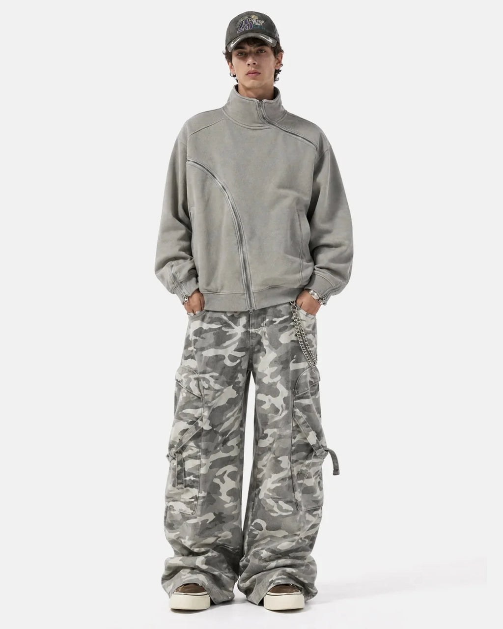 Unisex asymmetric zip sweatshirt with mock neck, long sleeves and front pockets