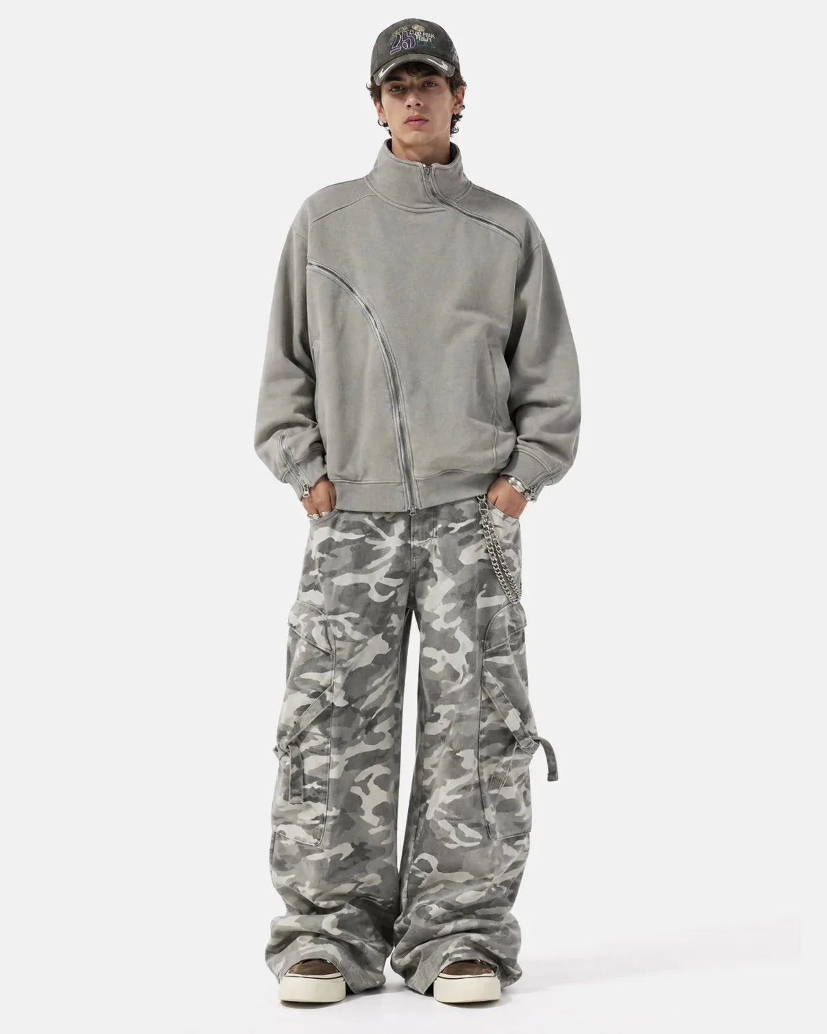 Unisex asymmetric zip sweatshirt with mock neck, long sleeves and front pockets