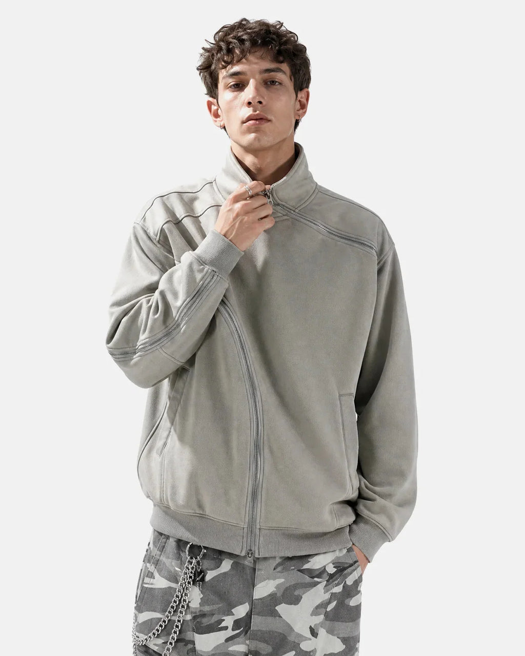 Unisex asymmetric zip sweatshirt with mock neck, long sleeves and front pockets
