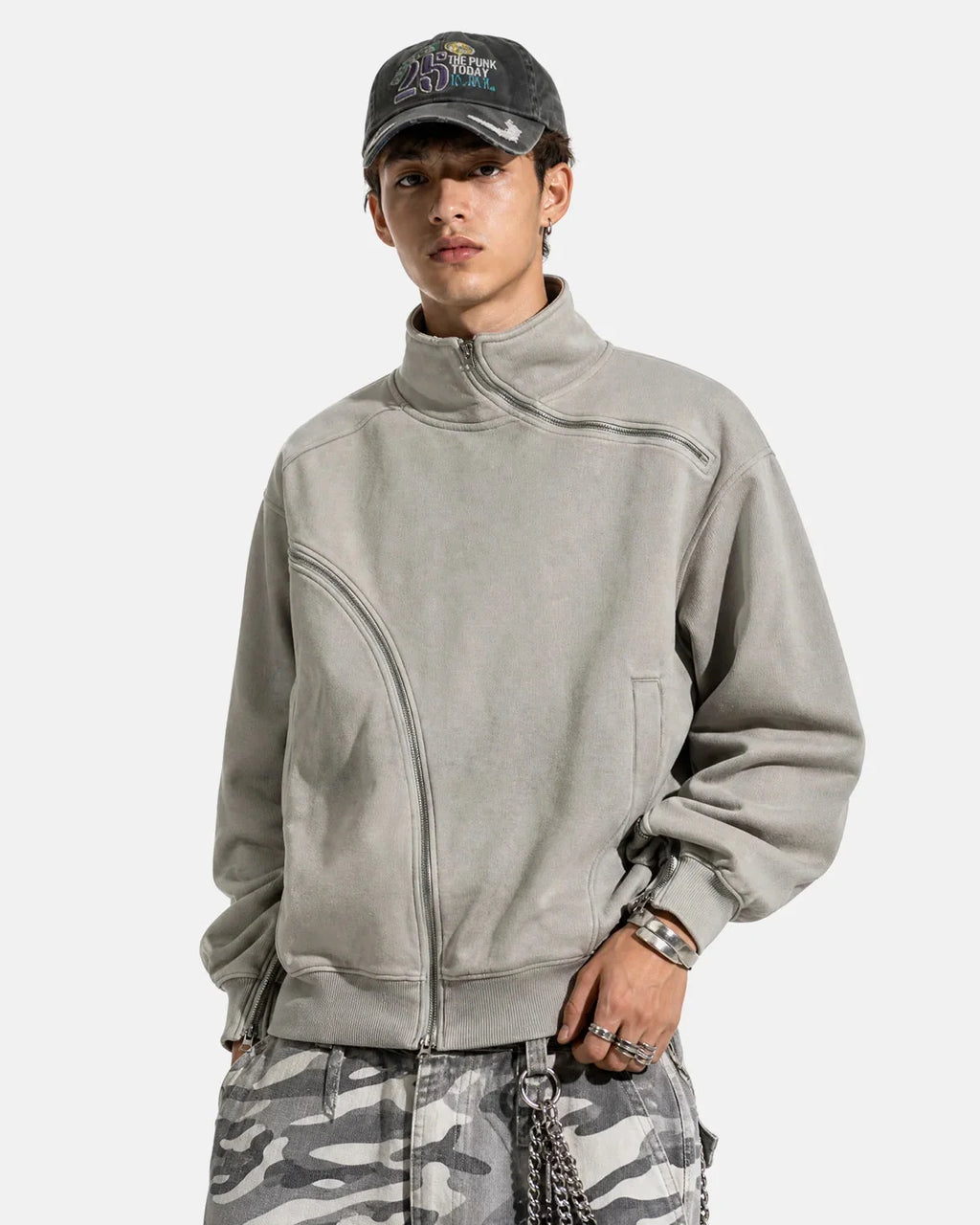 Unisex asymmetric zip sweatshirt with mock neck, long sleeves and front pockets