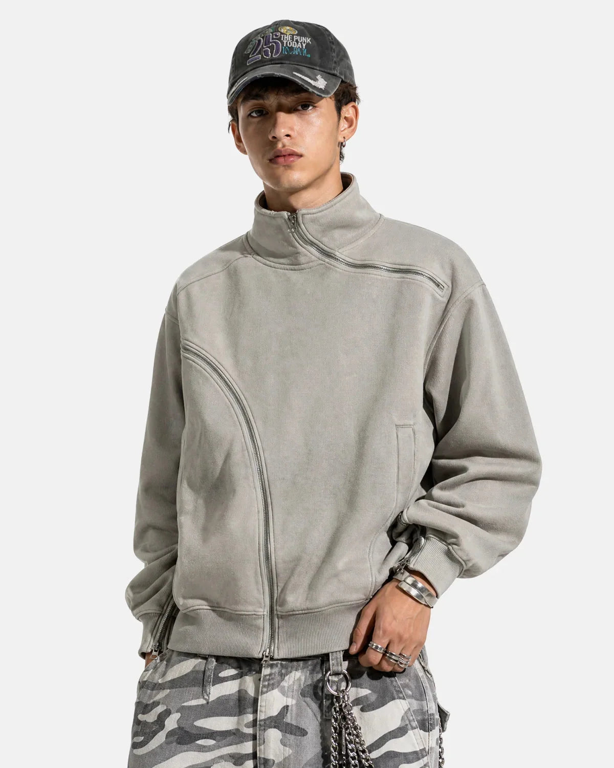 Unisex asymmetric zip sweatshirt with mock neck, long sleeves and front pockets