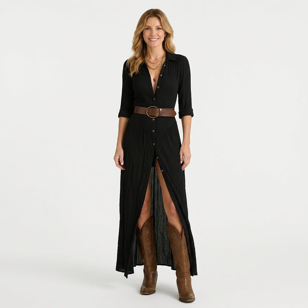 Women’s Tailored Bohemian Maxi Dress – Button Front Flowing Silhouette