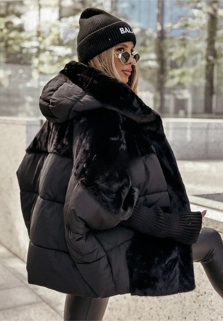 Women's Oversized Faux Fur Patchwork Hooded Puffer Jacket
