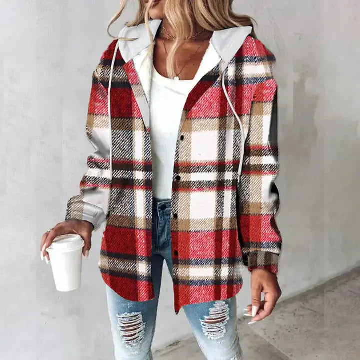 Women's plaid hooded shacket jacket with button front and long sleeves