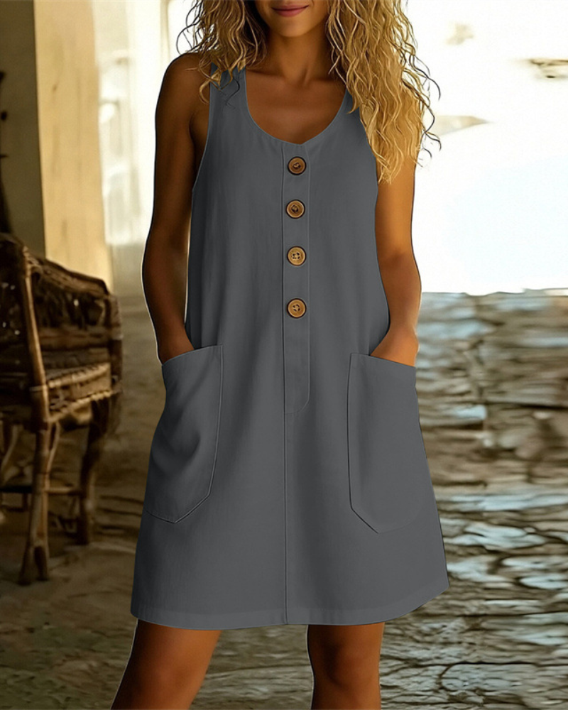 Robe trapèze sans manches boutonnée sur le devant, avec poches