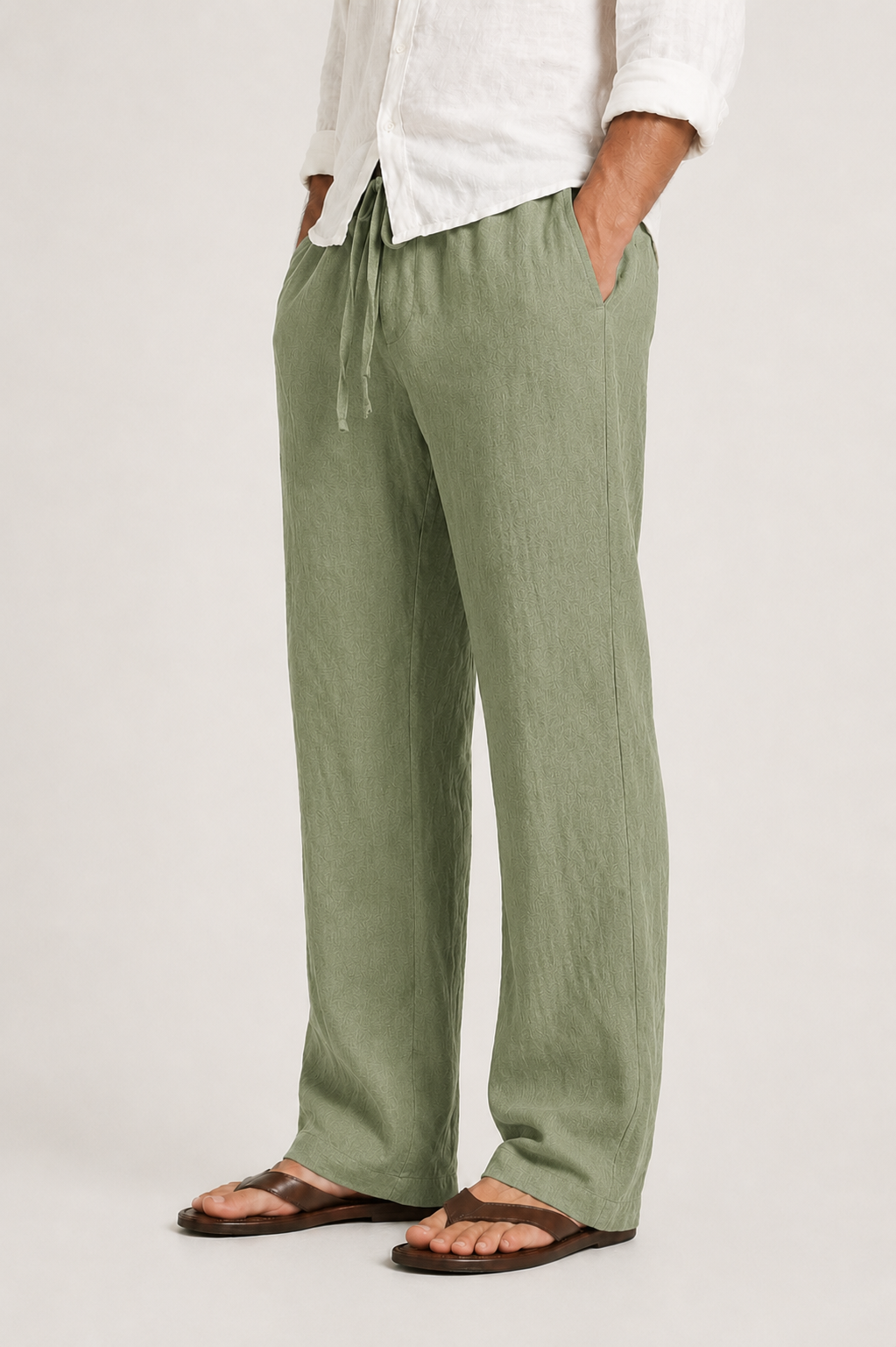 Relaxed Fit Textured Linen Trousers with Drawstring Waist