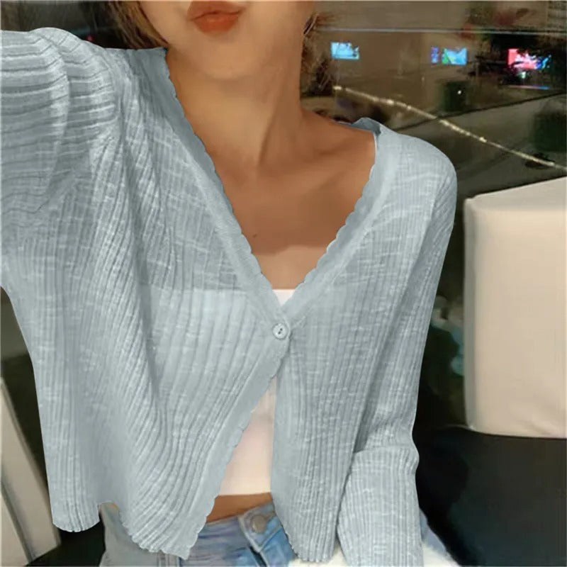 Ribbed Knit V-Neck Cropped Button Cardigan