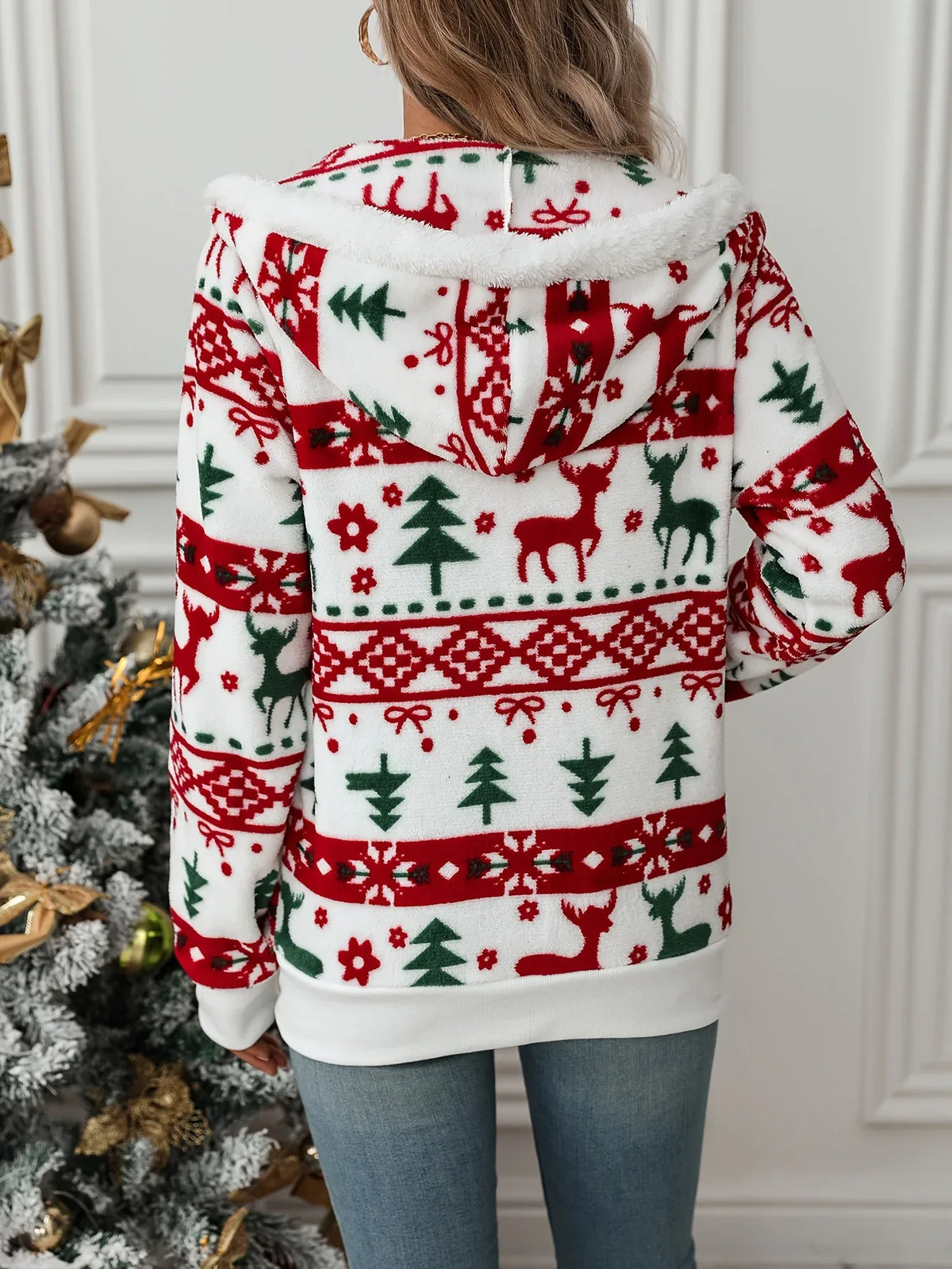 Women's Festive Reindeer Print Plush Zip-Up Hoodie