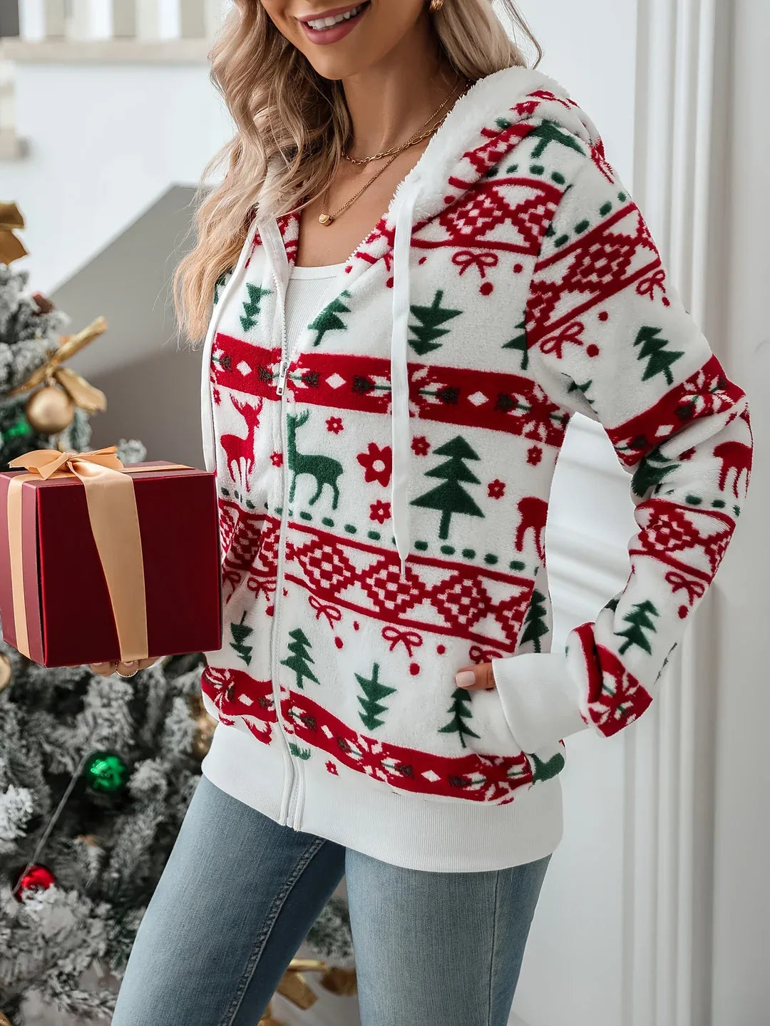 Women's Festive Reindeer Print Plush Zip-Up Hoodie