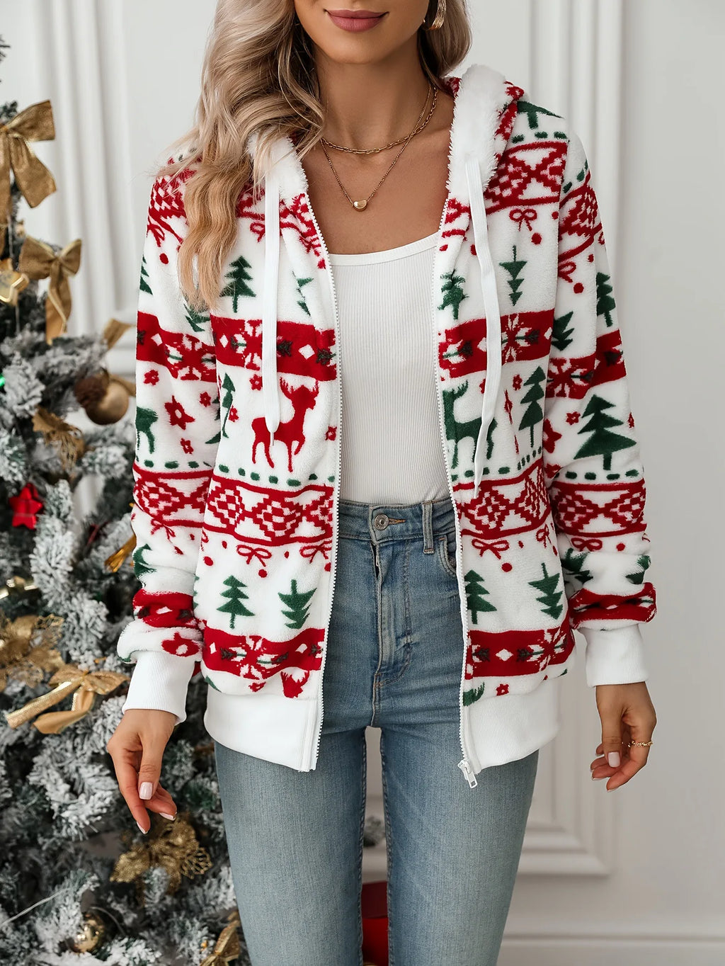 Women's Festive Reindeer Print Plush Zip-Up Hoodie