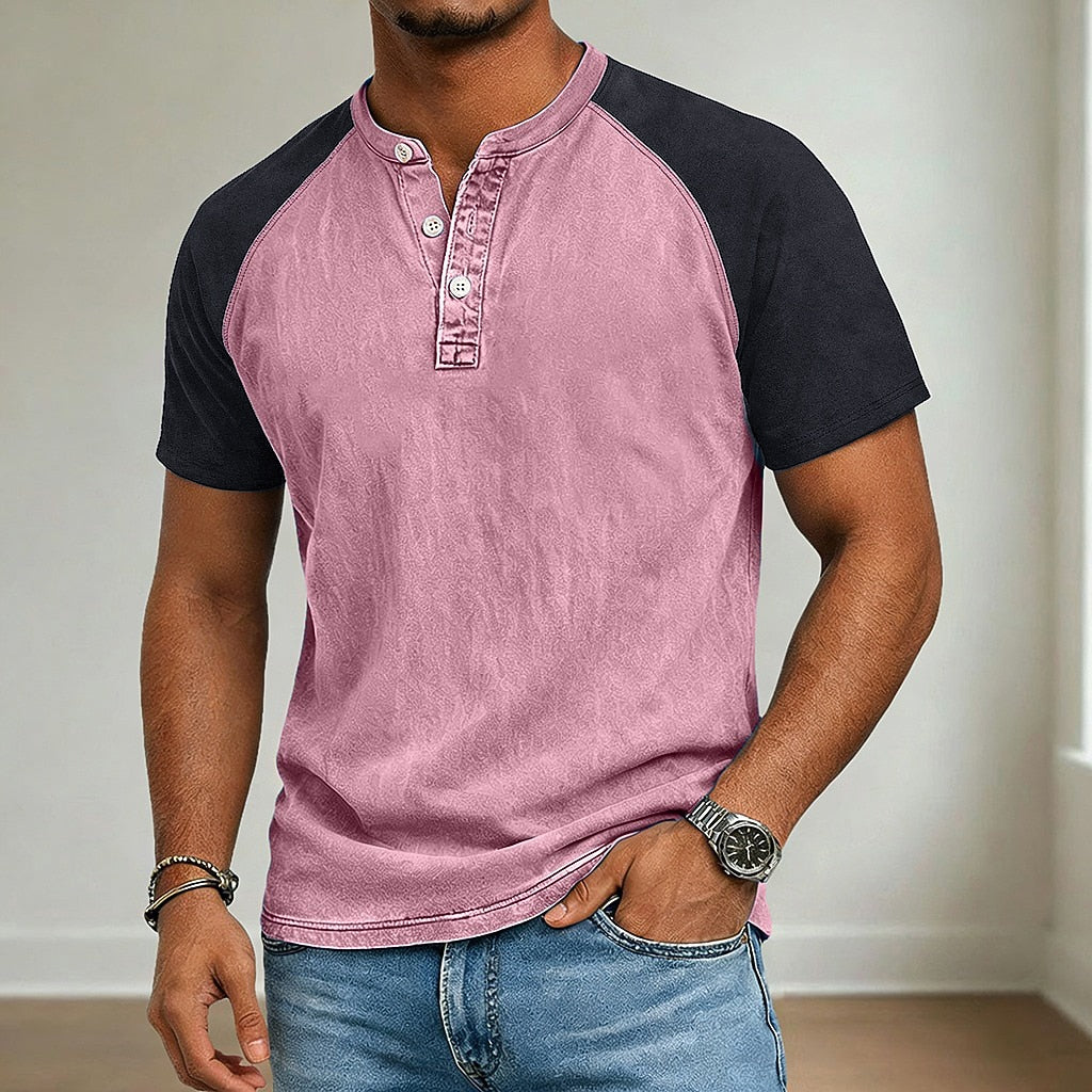 Colour Block Raglan Sleeve Henley T-Shirt