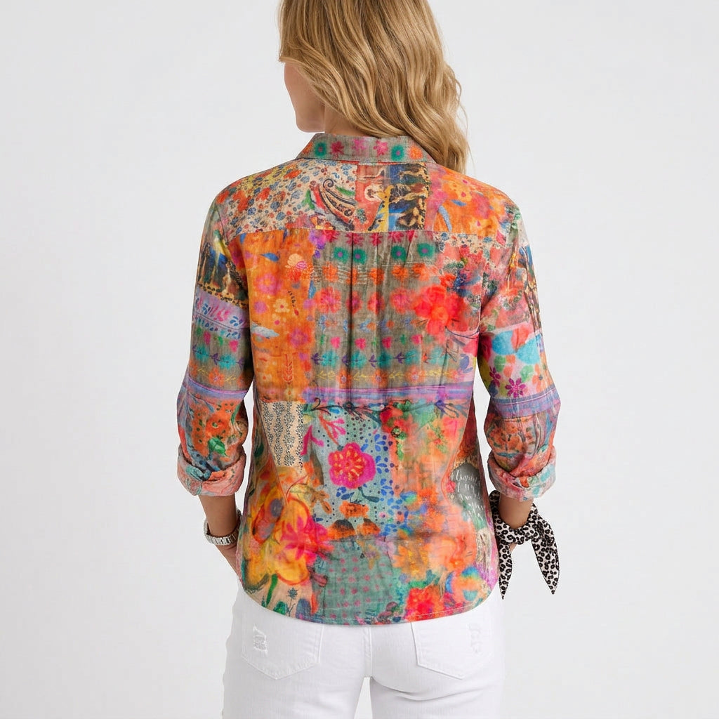 Women’s Printed Button Up Shirt – Long Sleeve Collared Blouse Style