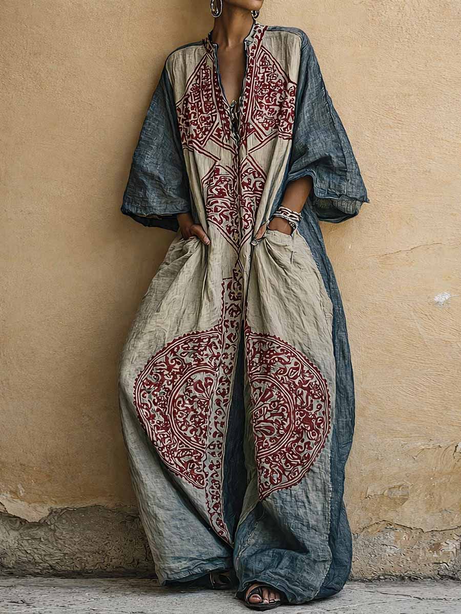 Women's Ornate Print Batwing Sleeve Oversized Kaftan Maxi