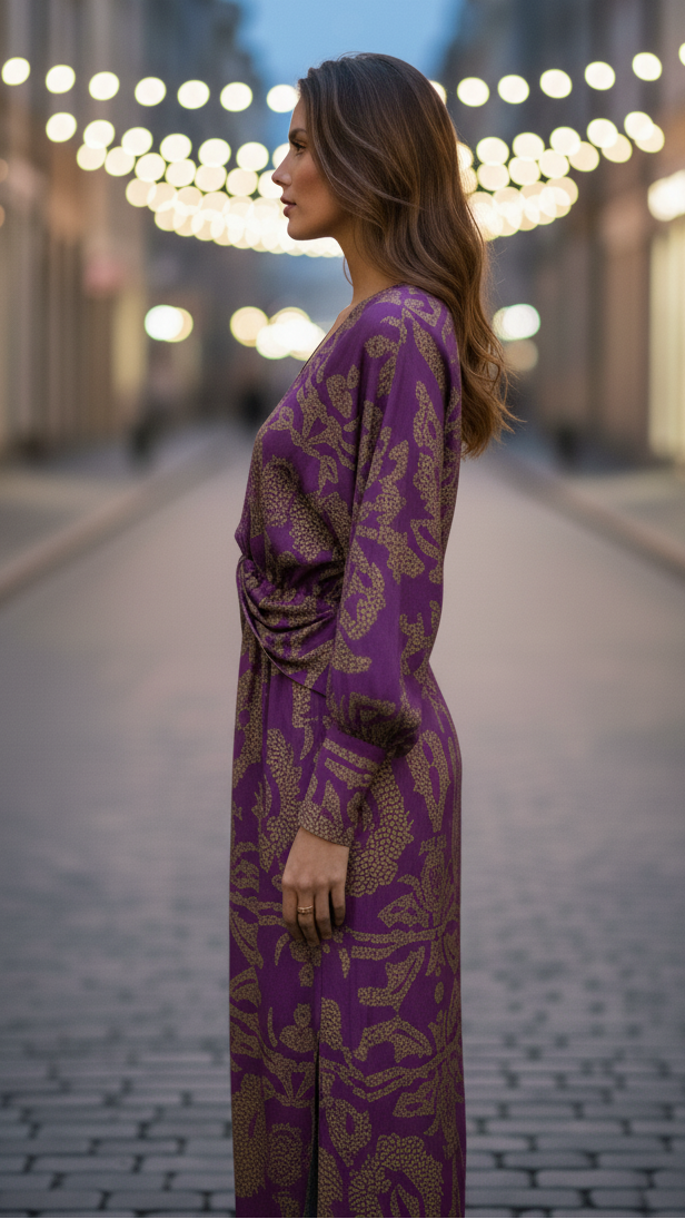 Robe midi imprimée pour femme, à col en V et devant torsadé