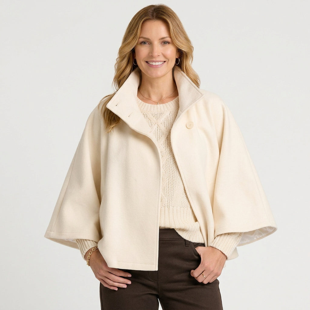 Women’s High Collar Cape Jacket – Button Front Cropped Style