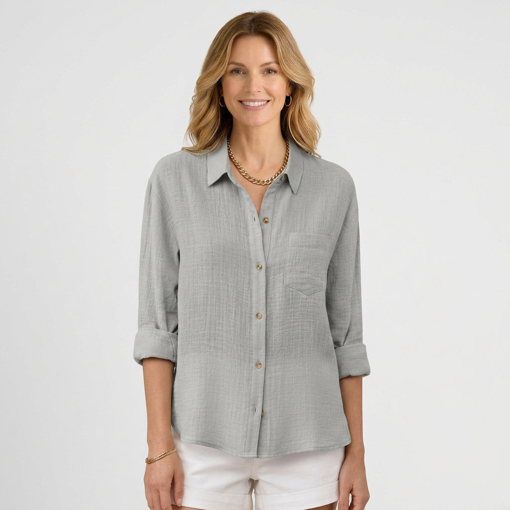 Women’s Relaxed Button Up Shirt – Collared Long Sleeve Pocket Style