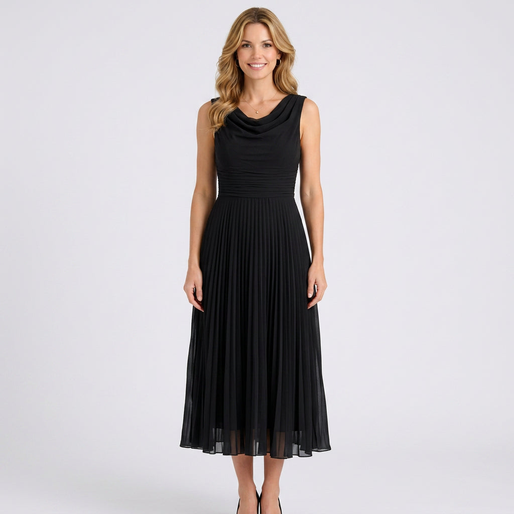 Pleated Midi Dress – Sleeveless Cowl Neck Style