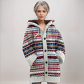 Women's hooded geometric knit cardigan with long sleeves and button front