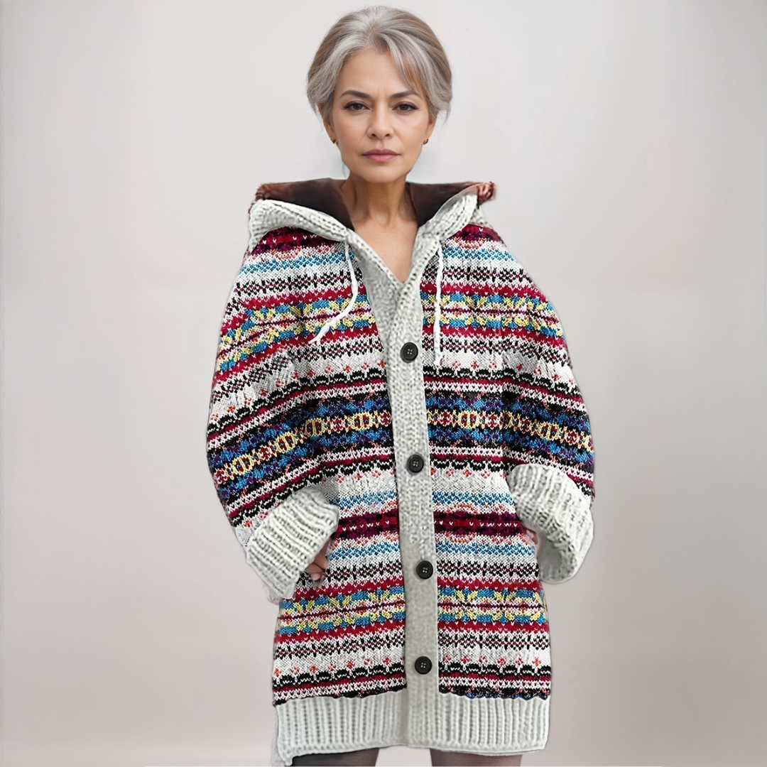 Women's hooded geometric knit cardigan with long sleeves and button front