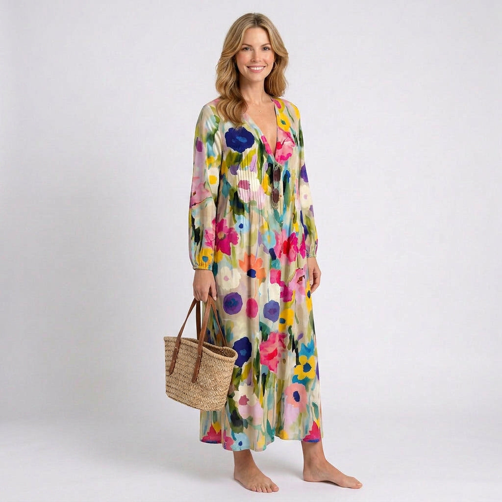 Floral Maxi Dress – V-Neck Long Sleeve Relaxed Style