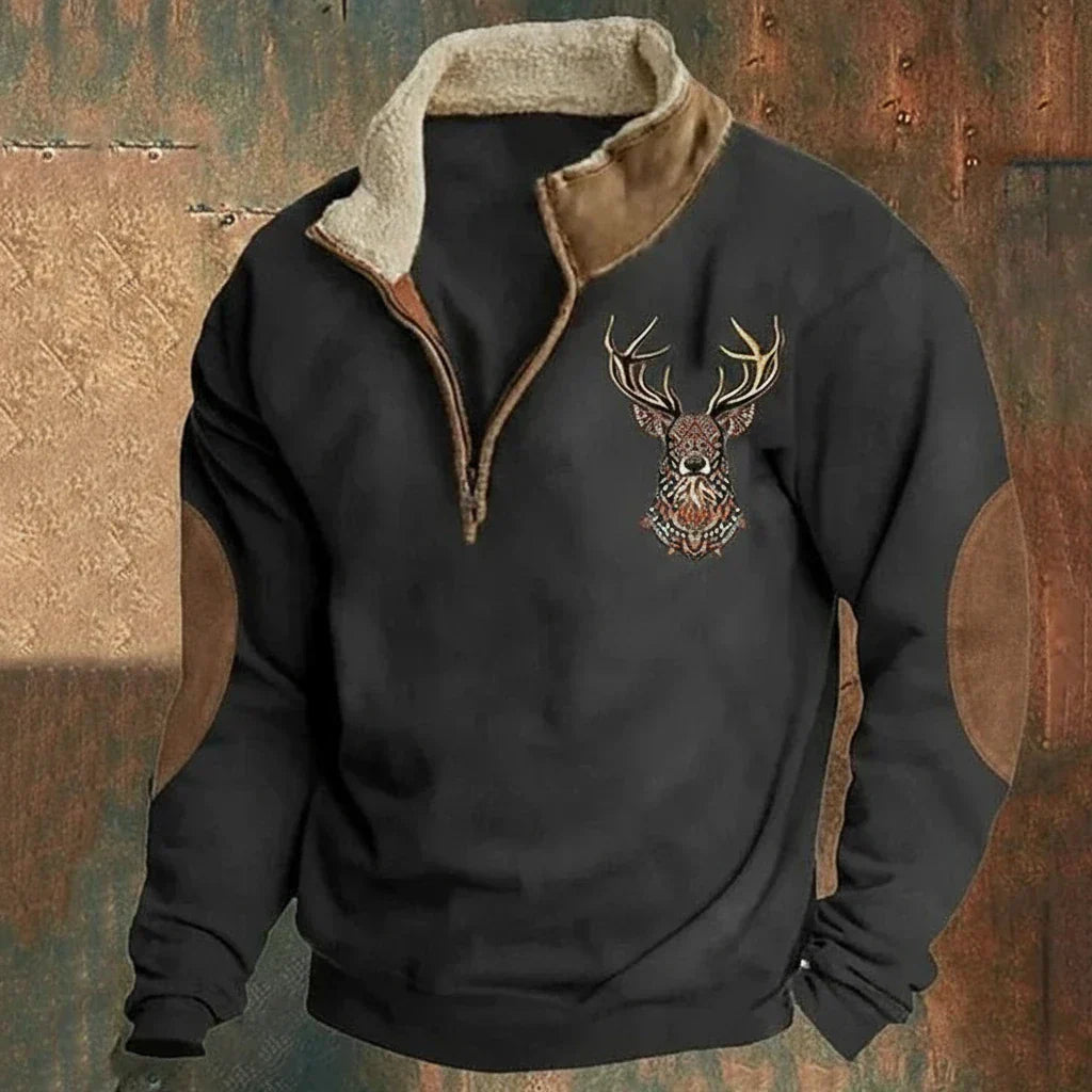 Men's quarter-zip pullover with mock neck, deer chest motif and contrasting elbow patches