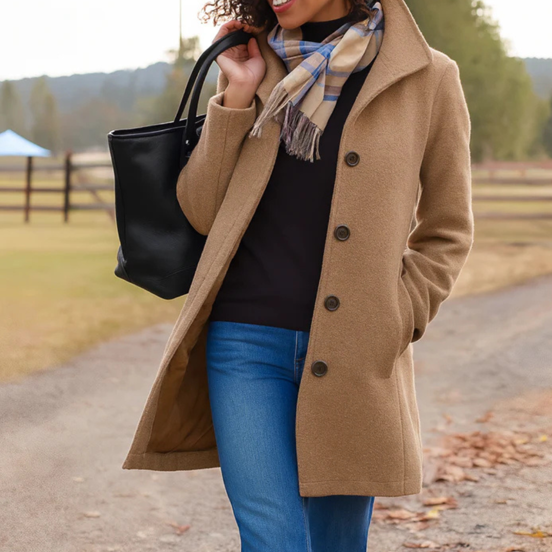 Manteau long boutonné pour femme en mélange de laine
