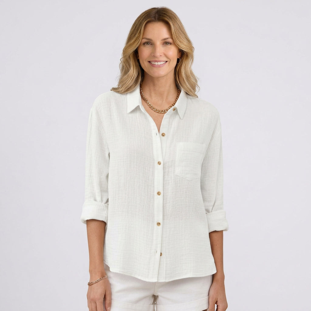 Women’s Relaxed Button Up Shirt – Collared Long Sleeve Pocket Style