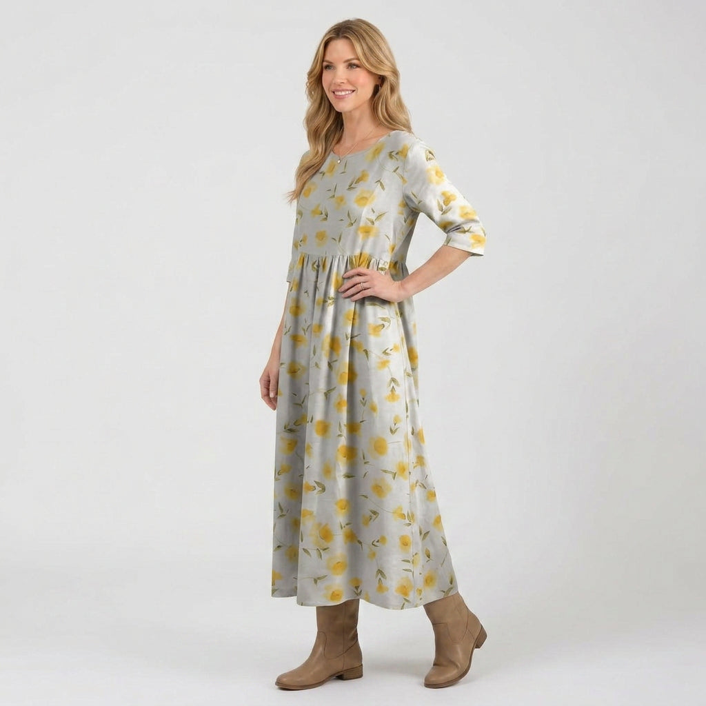 Women’s Floral Print Midi Dress – Short Sleeve Smock Style