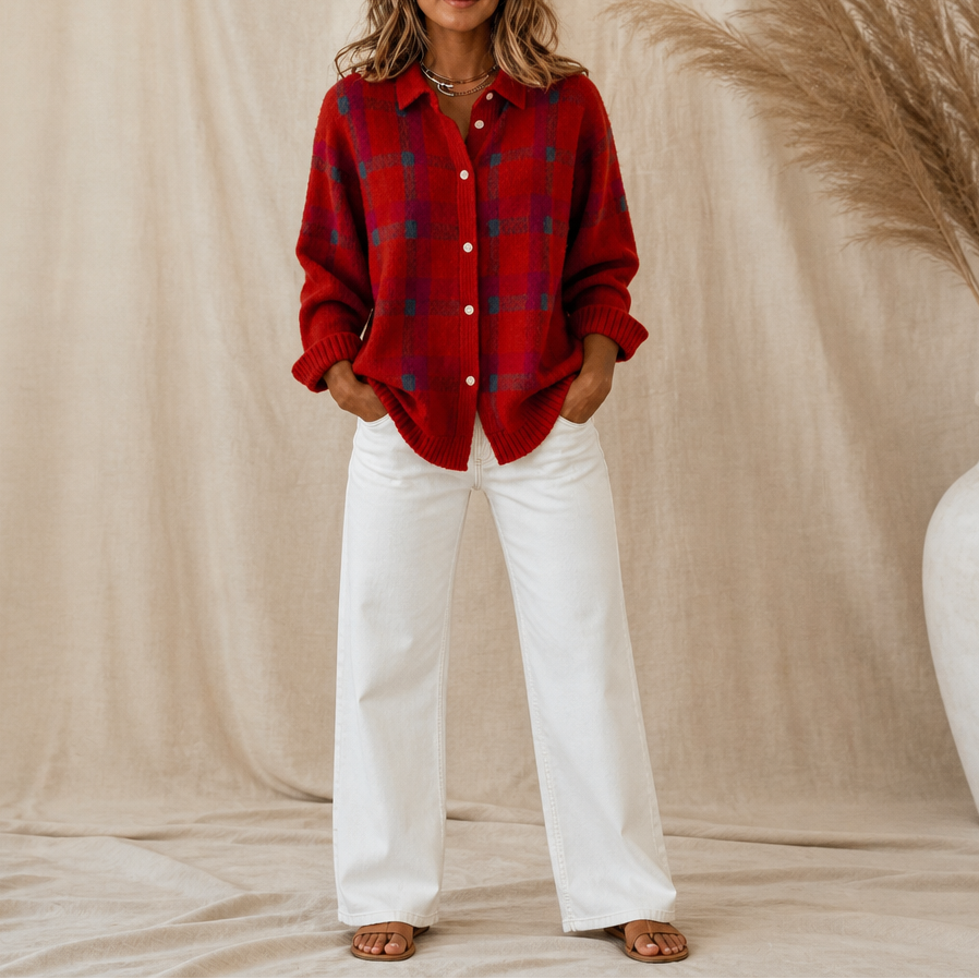Women's long-sleeve plaid shirt-collar cardigan with button front