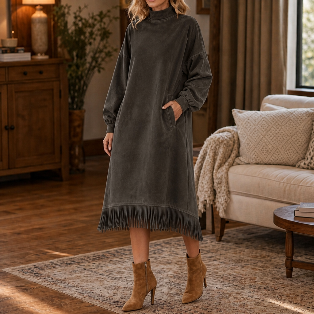 Women's plain mock neck midi dress with long sleeves, side pockets and fringe hem