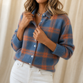 Women's long-sleeve plaid shirt-collar cardigan with button front