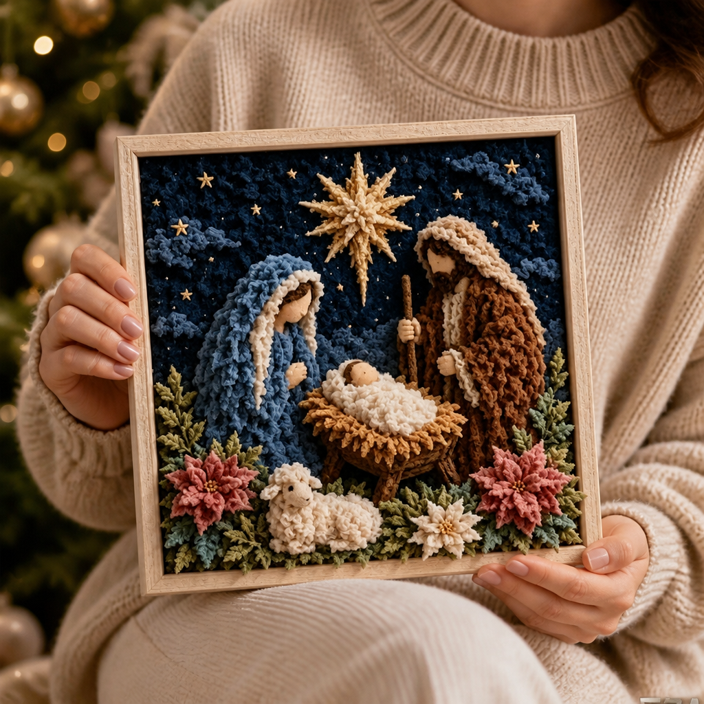 Framed multicolor fabric poke art nativity scene with stars, flowers and animals