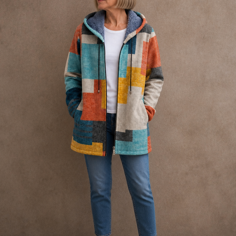 Women's Geometric Patchwork Sherpa Lined Hooded Jacket