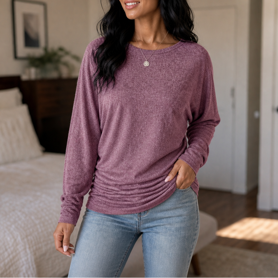Women's plain dolman sleeve tunic sweater with crew neck and long sleeves