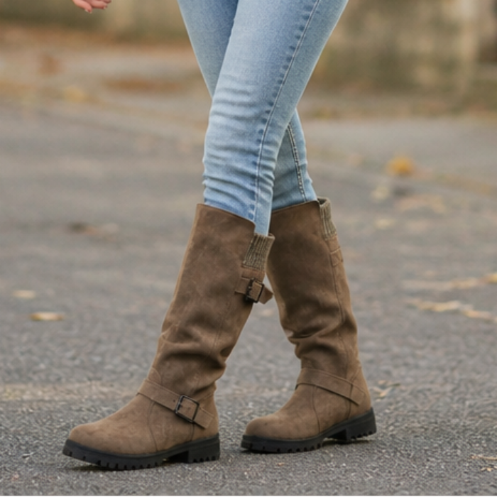 Women's slouch mid-calf boots with ribbed cuffs and buckle straps